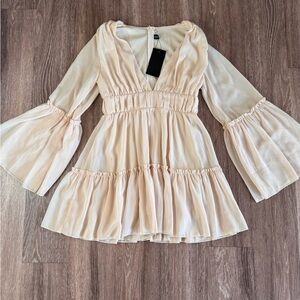 Cream Sundress with Long Bell Sleeves and Plunge Neckline